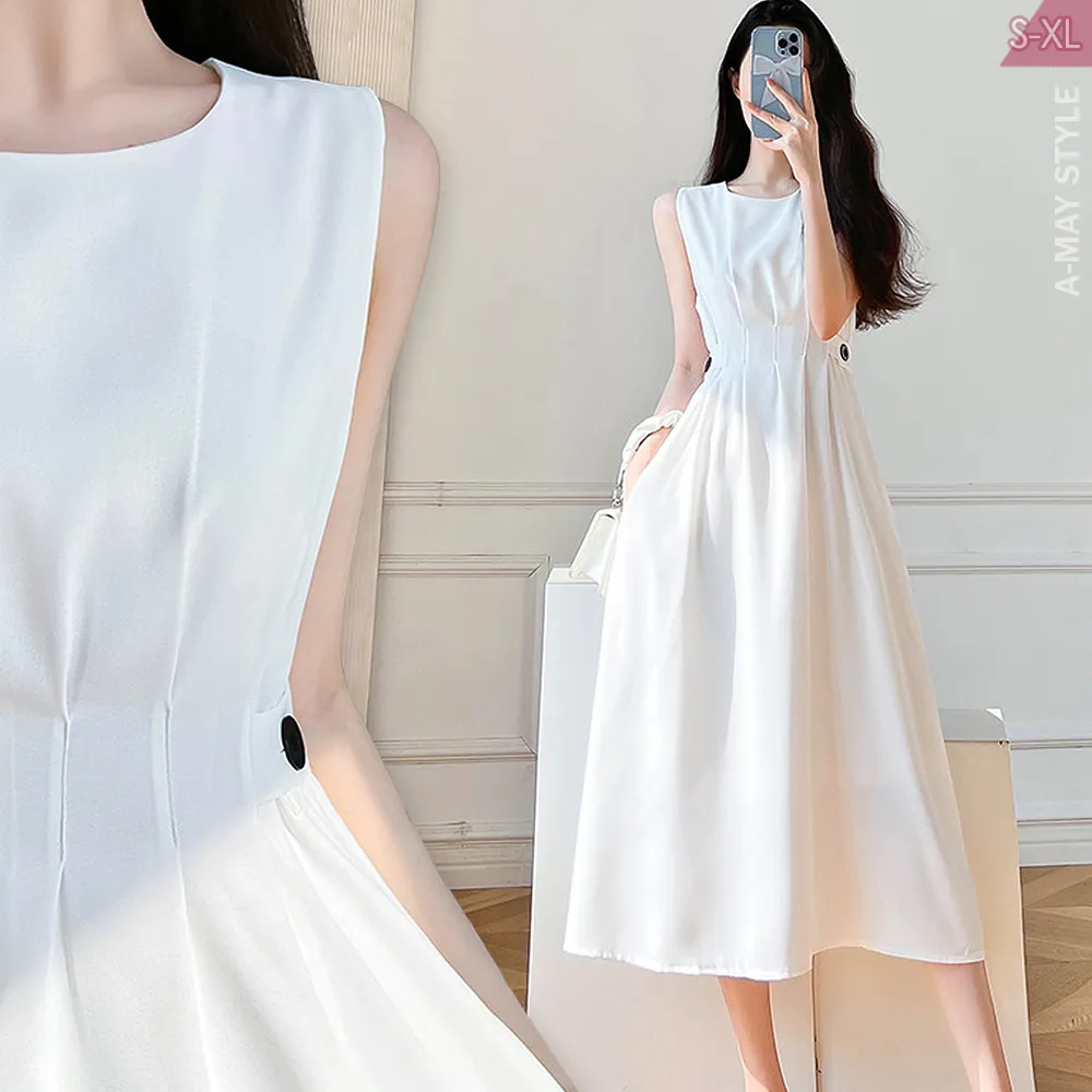 【Amay Style 艾美時尚】中大尺碼女裝 連身洋裝 優雅赫本風無袖洋裝。S-XL(2色.預購)