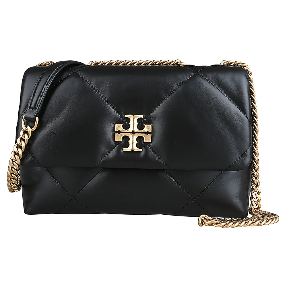 【TORY BURCH】KIRA仿舊金字LOGO菱格紋絎縫鏈帶肩背斜背包(黑)