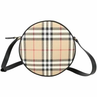【BURBERRY 巴寶莉】Louise Vintage 格紋環保帆布拼牛皮圓型斜背包(典藏米)