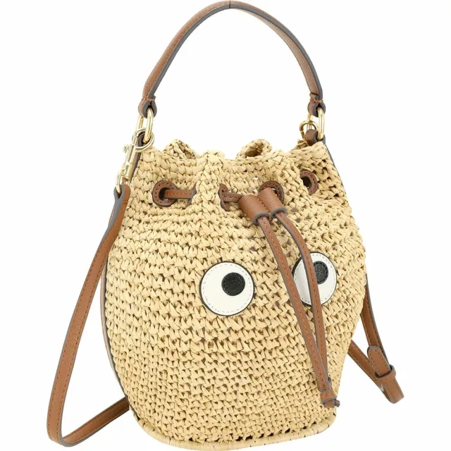 【ANYA HINDMARCH】Eyes 大眼睛拉菲草編織手提 斜背水桶包(咖x駝色)