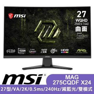 【MSI 微星】MAG 275CQDF X24 27型 2K VA曲面電競螢幕 (Dual Mode/240Hz/1500R/護眼防閃爍)