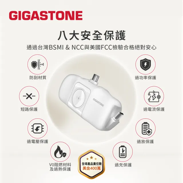 【Gigastone 立達國際】5000mAh雙介面直插式口袋行動電源MP-5000AL白(17.76Wh/USB-C自帶線/可充AppleWatch)