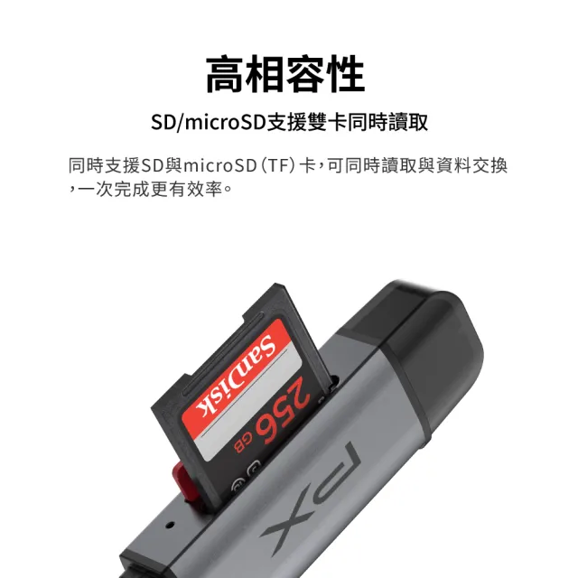 【PX 大通】Type C 高速讀卡機 SD/micro SD雙用 支援SD/TF3.0版 支援104 MB/s傳輸速度 即插即用(CS3)