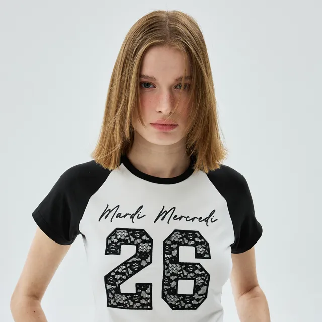 【MARDI MERCREDI】印花短TEE 蕾絲拼接 短版 CROPPED TSHIRT RAGLAN NO.26 LACE