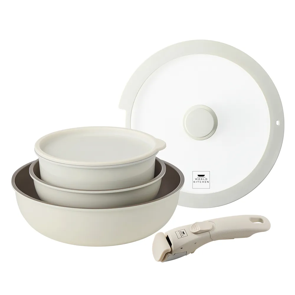 【CorelleBrands 康寧餐具】WORLD KITCHEN 鑄造鈦不沾鍋具六件組(18cm湯鍋+蓋/20cm平煎/26cm深煎+蓋/手柄)