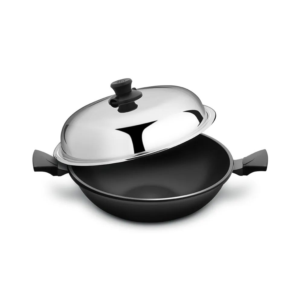 【美國MotherGoose 鵝媽媽】航太合金 手工鑄造節能炒鍋36cm 雙耳(晶鑽輕量)