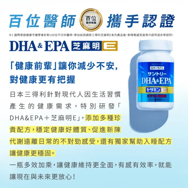 【Suntory 三得利官方直營】魚油 DHA＆EPA+芝麻明E 120顆(DHA&EPA、芝麻明、維生素E、維生素D)