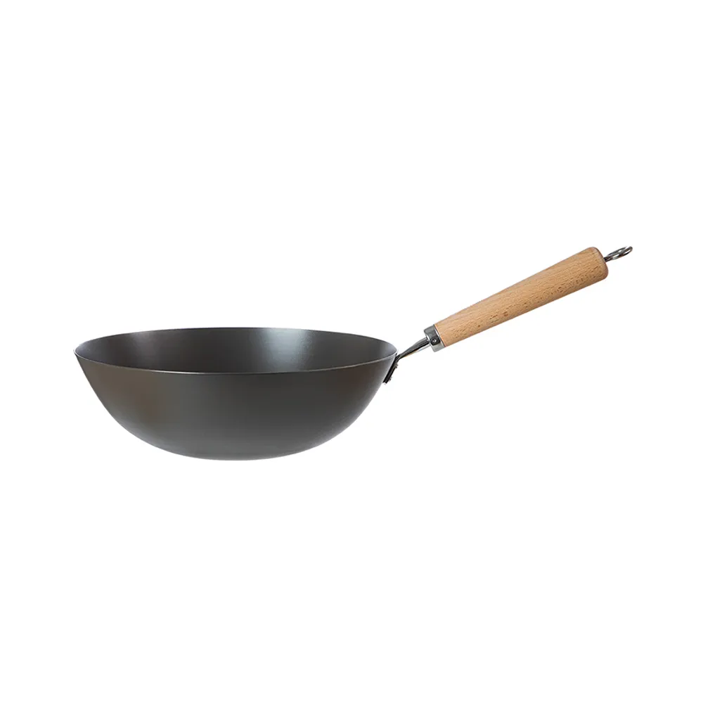 【SHIMOYAMA 霜山】不易生鏽無塗層木柄窒化鐵炒鍋-IH爐可用-30cm(中華炒鍋/窒化鍋/黑鐵鍋)