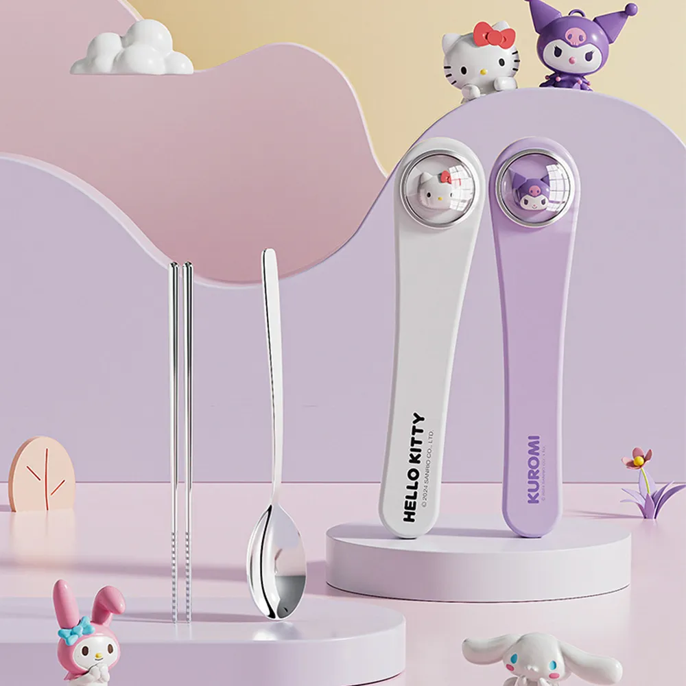 【SANRIO 三麗鷗】萌趣便攜304不鏽鋼筷子湯匙環保餐具組 附收納盒(酷洛米/美樂蒂/凱蒂貓/大耳狗/帕恰狗)