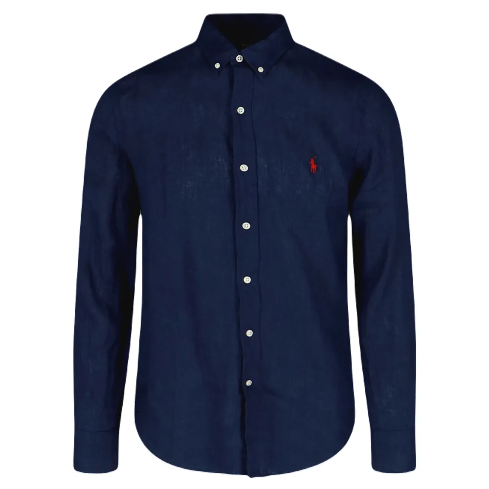 【RALPH LAUREN】男款 品牌刺繡LOGO 亞麻襯衫-深藍色(M號、L號、XL號)