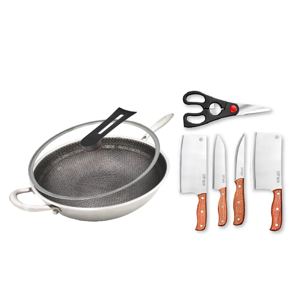 【SY 膳原】廚房超值優惠組(316不鏽鋼蜂巢不沾鍋34cm+匠心刀藝4件組)