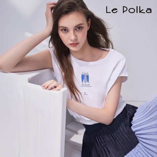 【Le Polka】沙丁魚印花蓋袖上衣-女