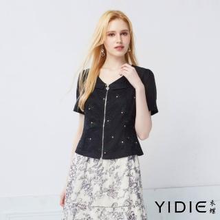 【YIDIE】花朵刺繡雙向拉鍊蕾絲上衣-黑