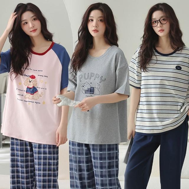 【Chic Chic 琪琪】1套組-多款任選-純棉短袖七分褲慵懶套裝(寬鬆舒適/可愛睡衣/居家套裝/純棉睡衣)