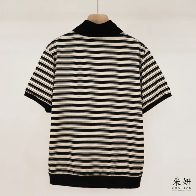 【CHAI YAN 采妍】水鑽小馬橫條翻領短袖上衣(春夏女裝/中大尺碼/專櫃/寬鬆/透氣)