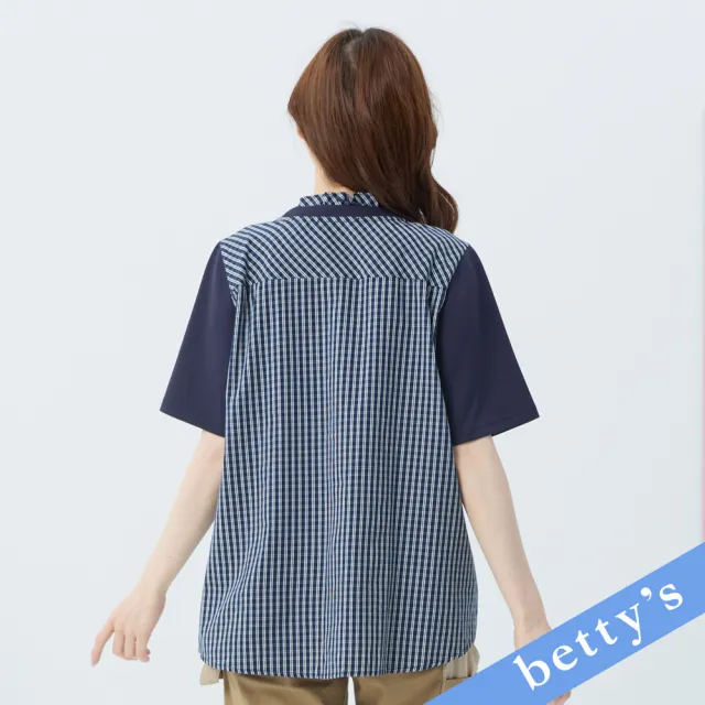 【betty’s 貝蒂思】熊熊刺繡格紋拼接短袖T-shirt(藍色)