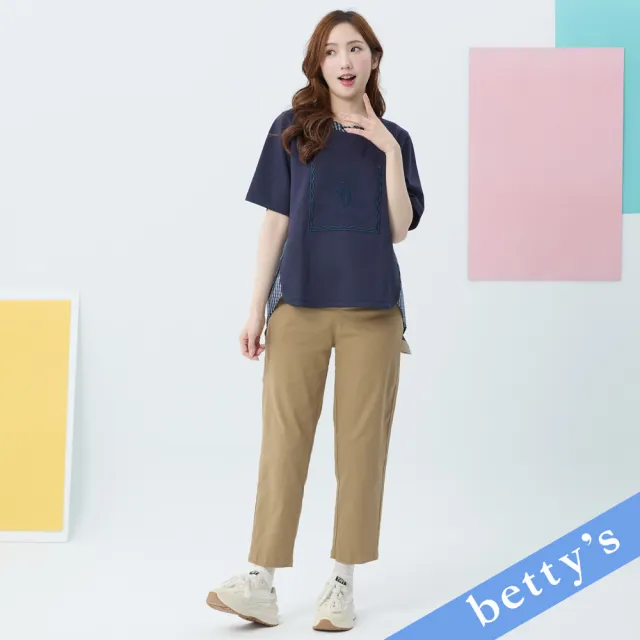 【betty’s 貝蒂思】熊熊刺繡格紋拼接短袖T-shirt(藍色)