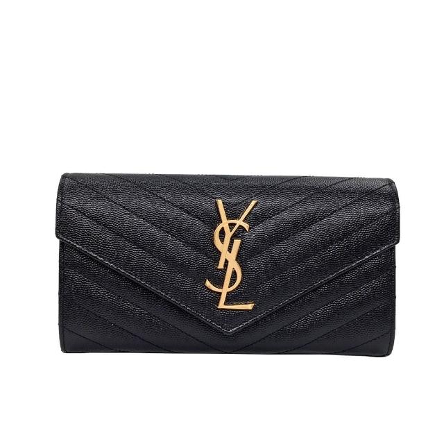 【YSL】372264 黑 金字(V紋荔枝牛皮 扣式長夾)