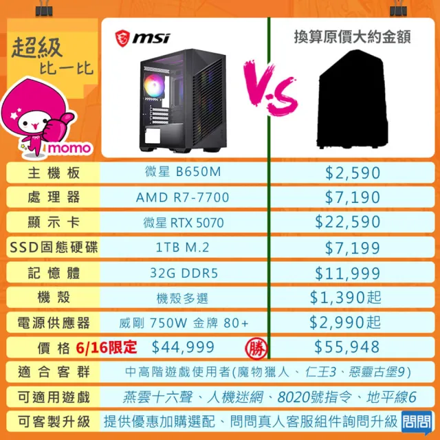 【微星平台】R7八核 RTX5070 {蒼狼武士}電競電腦(R7-7700/B650/32G D5/1TB/地平線6適用)