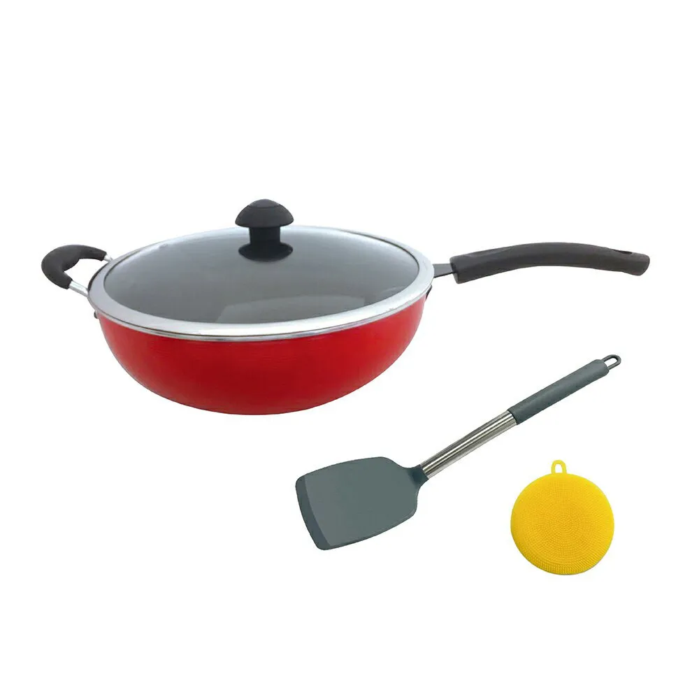 【kosfu kitchen ware 鍋師傅】富貴紅不沾深炒鍋 33cm附玻璃蓋 贈矽膠鍋鏟+鍋刷(航鈦合金不沾鍋 台灣製造)
