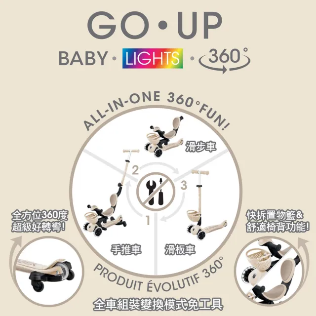 【GLOBBER 哥輪步】官方直營 法國GO•UP豪華版360度多功能滑板車(發光前輪、滑步車、三輪滑板車、手推車)