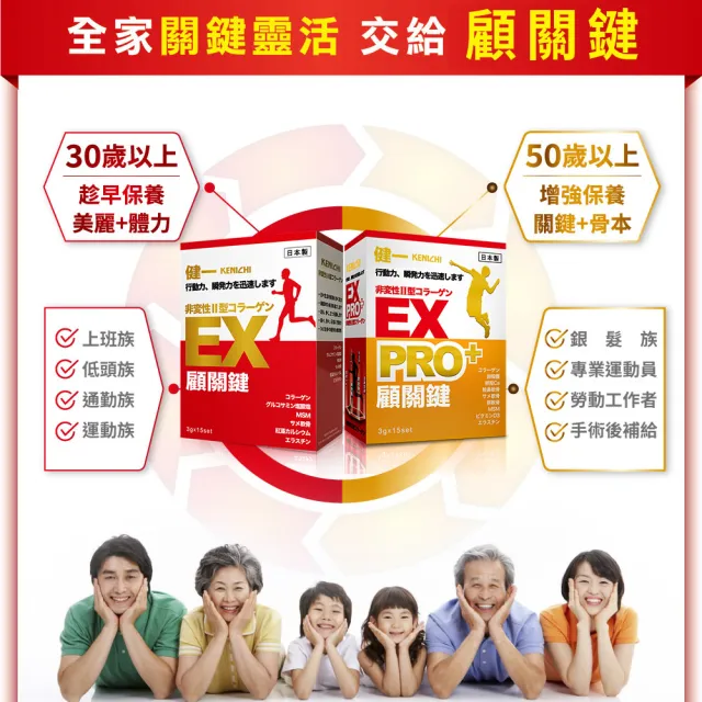 【KENICHI 健一】顧關鍵 日本原裝非變性二型膠原蛋白+葡萄糖胺_關鍵王 經典版x2盒 15包/盒(靈活/行動保健)