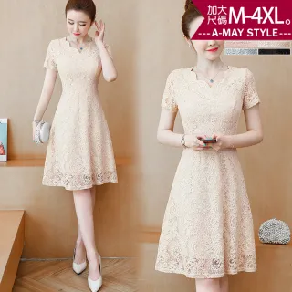 【Amay Style 艾美時尚】夏新品 中大尺碼女裝 連身裙 甜美氣質花邊領蕾絲顯瘦中長裙洋裝。M-4XL(4色.預購)