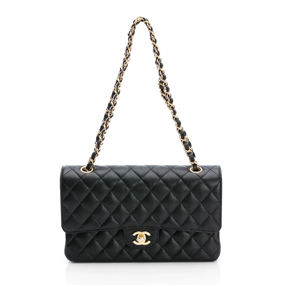 【CHANEL 香奈兒】Classic Flap bag Medium粒面/中型菱格/金黑雙色鏈帶-25cm(黑)