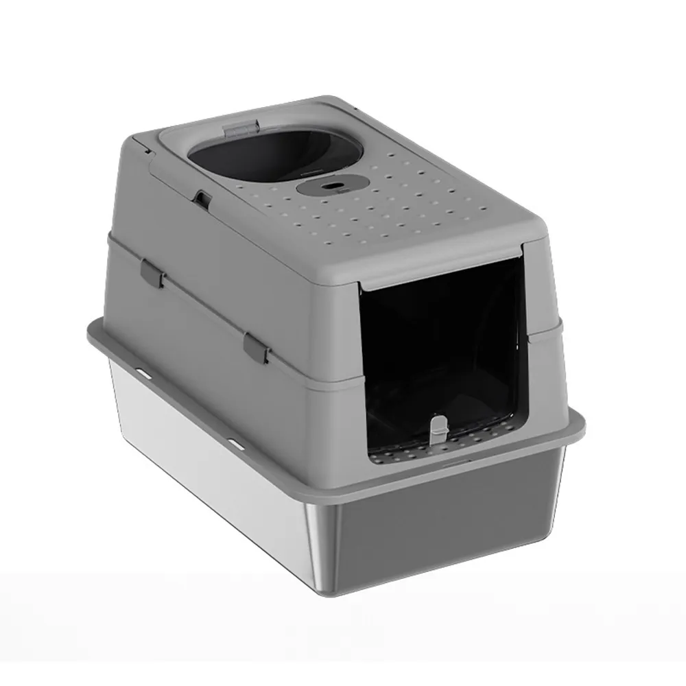 【Quality 聚家】貓砂盆 可變形兩用 不鏽鋼貓砂盆 全封閉防濺隔臭 UVC 紫外線除菌 雙向出入 寵物家具