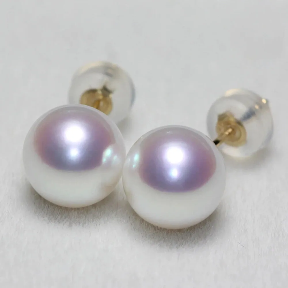海斯珠寶 7.5-8mm 天然極光 Akoya 珍珠耳環 18K金素釘 正圓珍珠 日系經典款 防過敏耳釘 送禮推薦
