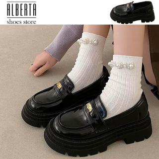 【Alberta】厚底5.5cm 小金幣 粗跟一腳蹬厚底樂福鞋