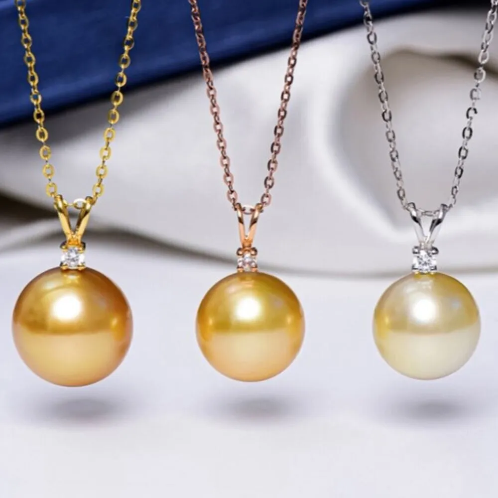 月輝珠寶 14-15mm 天然南洋金珠吊墜 18K金V字設計 鑲嵌單顆鑽石 原色強光海水珍珠項鍊 高級珠寶