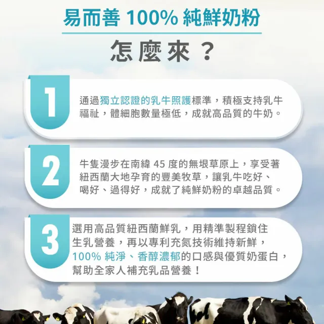 【易而善】100%純鮮奶粉1300g×1罐(紐西蘭奶粉/無色素/無香料/無防腐劑/清真認證/可冰飲)