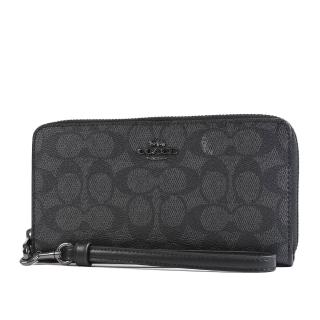 【COACH】緹花LOGO防刮皮革手掛式拉鍊長夾-灰黑