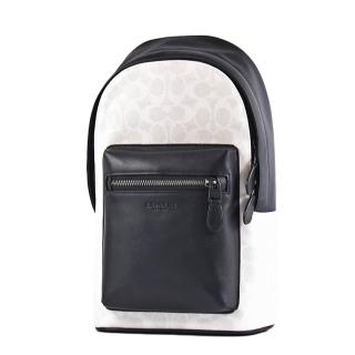 【COACH】男款 緹花LOGO防刮拚小牛皮單肩背胸包-白/黑