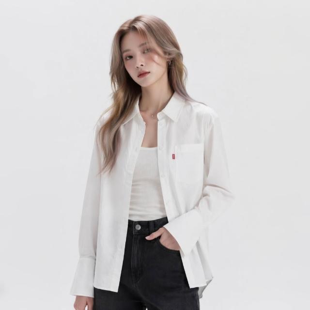 【LEVIS】長袖襯衫 雙層領 素面襯衫 白襯衫 女款 上衣 熱賣單品 003TU-0000