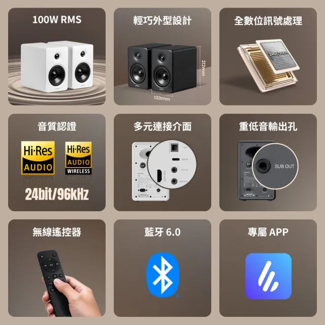【EDIFIER】M90 2.0藍牙喇叭(Hi-Res認證/LDAC 高清解碼/藍牙6.0/HDMI eARC/居家美型藍牙音箱)