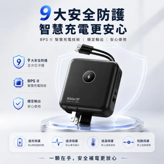 Water3F 10000mAh 十合一無線快充行動電源(PD 20W快充/磁吸無線充電15W/自帶雙線)
