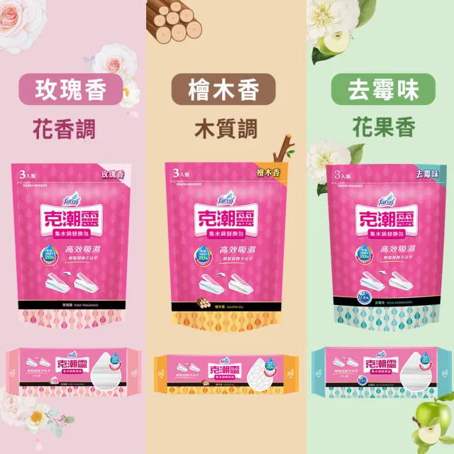 ★618必買★【克潮靈】集水袋除濕盒補充包36入-去霉味/檜木香/玫瑰香(3入/組-12組/箱-箱購)