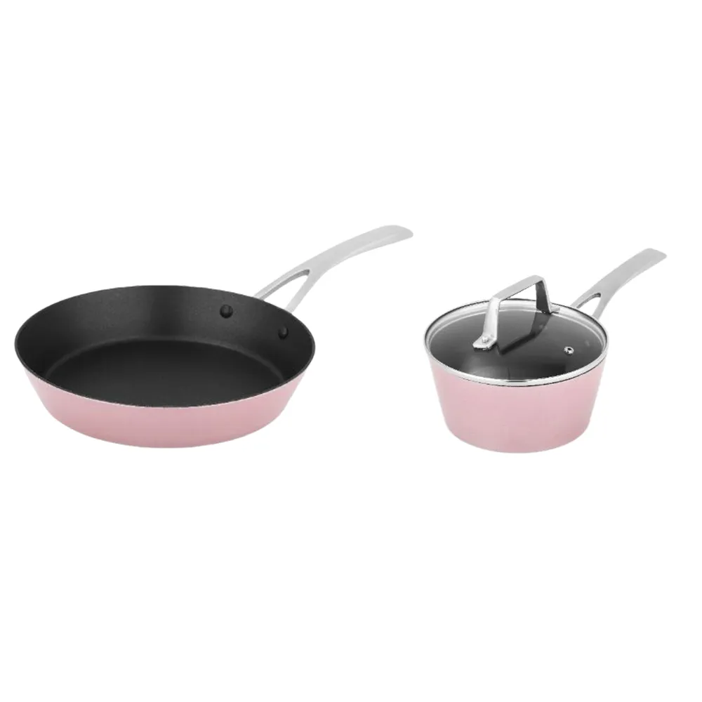 【美國MotherGoose 鵝媽媽】FancyPan 粉品IH導磁不沾鍋平底鍋+湯鍋20+26+18cm 4件組(含蓋)