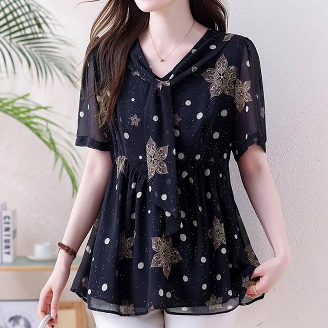 【麗質達人】5755黑色印花雪紡上衣-LY (L-5XL)