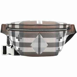 【BURBERRY 巴寶莉】幾何格紋拼皮革肩胸背 腰包(深樺木棕)
