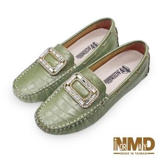 【Normady 諾曼第】MIT手工牛皮真皮女鞋丨增高6cm丨貴氣鱷魚壓紋奢華水鑽方扣能量磁石豆豆樂福鞋丨抹茶綠