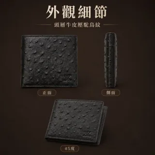 【LEESA】短夾\鴕鳥壓紋錢包\男士錢包\真皮短夾\牛皮錢包\薄錢包\黑色錢包