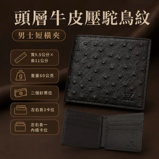 【LEESA】短夾\鴕鳥壓紋錢包\男士錢包\真皮短夾\牛皮錢包\薄錢包\黑色錢包