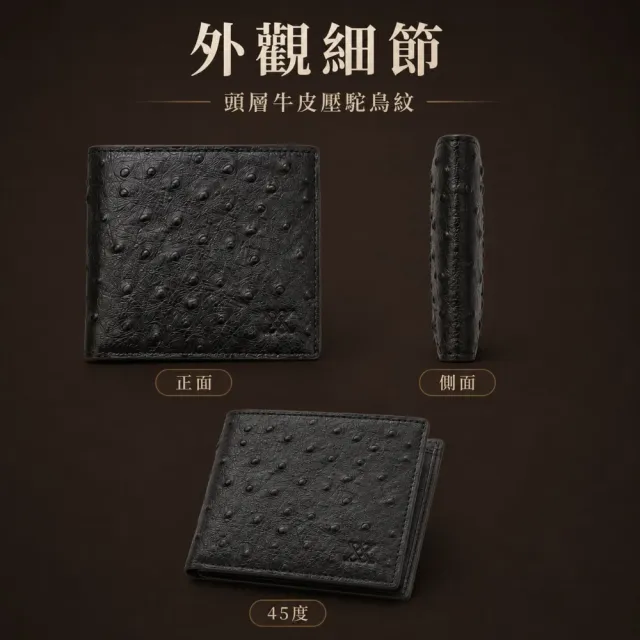 【LEESA】短夾\鴕鳥壓紋錢包\男士錢包\真皮短夾\牛皮錢包\薄錢包\黑色錢包