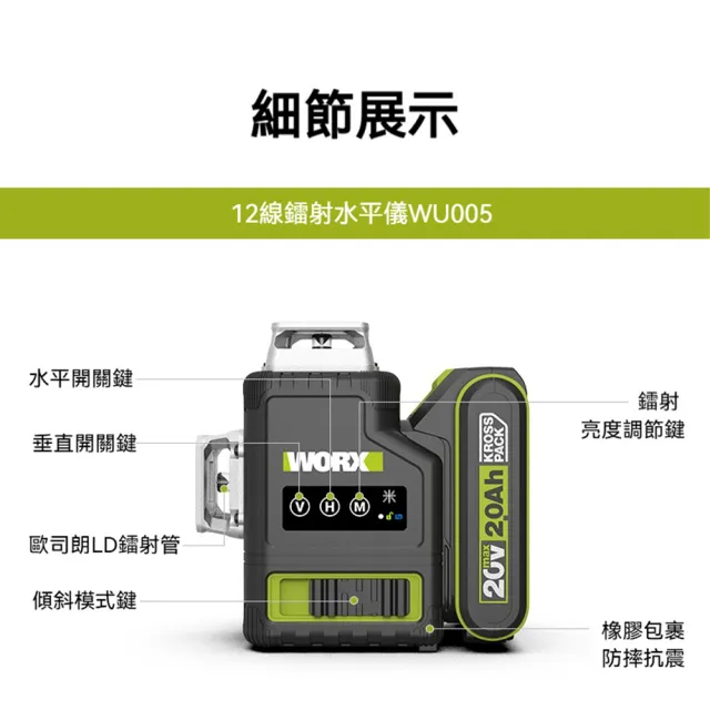 【WORX 威克士】20V 12線雷射水平儀 水平儀 木工 鋰電水平儀 雷射水平儀 激光水平儀 鐳射水平儀 WU005.11