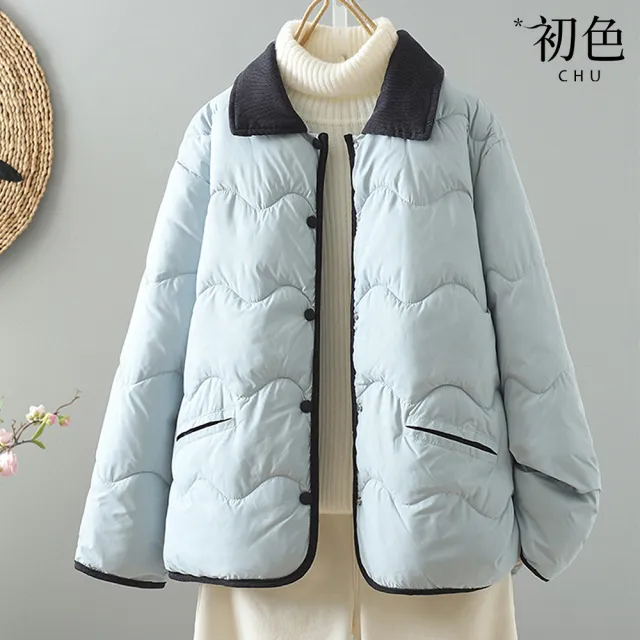 【初色】出清品 小香風韓版撞色燈芯絨領子長袖科技保暖纖維棉輕薄女外套-共3色-39162(M-XL可選/快速出貨)