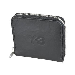 【Y-3 山本耀司】Y-3壓印字LOGO皺褶紋牛皮4卡拉鍊零錢短夾(黑)
