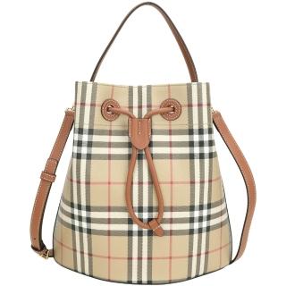【BURBERRY 巴寶莉】TB 格紋塗層帆布手提 斜背水桶包(小款 典藏米)